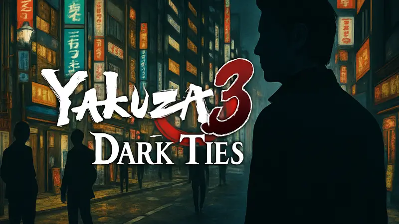 Логотип Yakuza Kiwami 3 & Dark Ties на фоне игрового процесса, демонстрирующего графические улучшения после патча.
