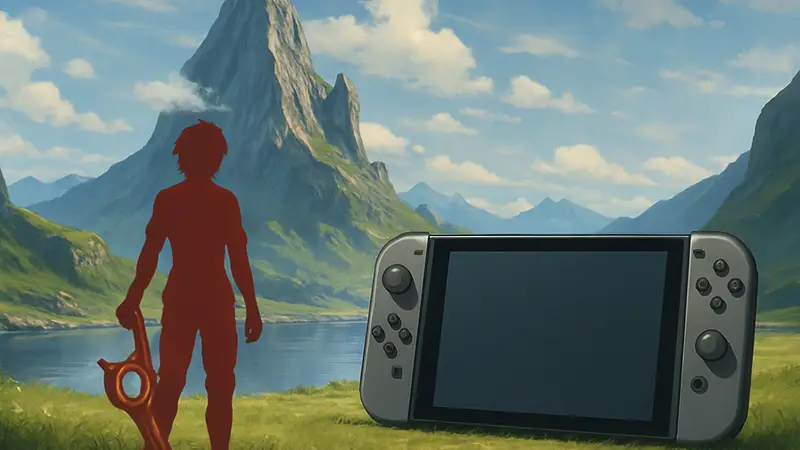 Логотип Xenoblade Chronicles Definitive Edition и консоль Nintendo Switch 2 на фоне горного пейзажа
