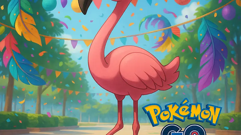 Покемон Фламинго в Pokemon GO на фоне карнавальных украшений, скриншот из игры, события.