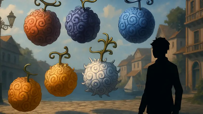 Различные Дьявольские плоды из аниме One Piece, парящие в воздухе.