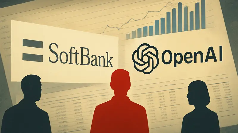 Логотип SoftBank рядом с логотипом OpenAI на фоне финансового отчёта, символизирующий $40 млрд кредит и IPO.