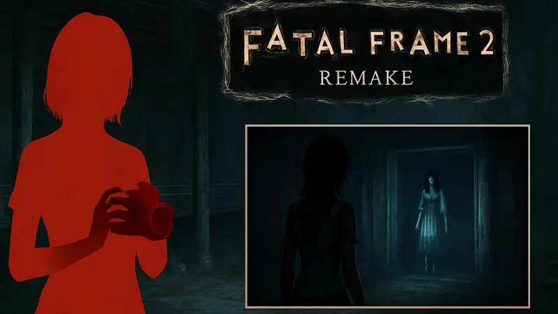 Девушка с камерой в Fatal Frame 2 Remake, логотип игры, скриншот демоверсии на PS5