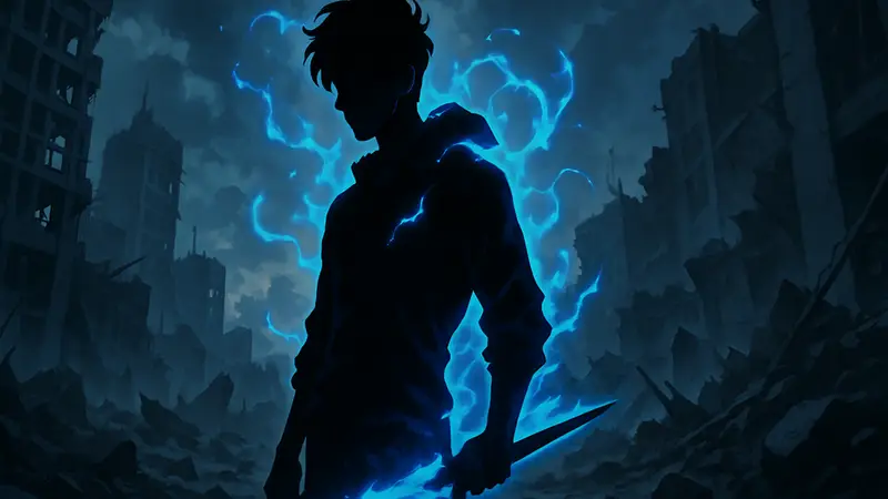 Главный герой аниме Solo Leveling Сон Джин-Ву с мощной аурой и мечом, готовый к бою.