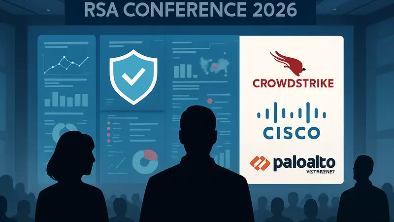 Интерфейс SOC-системы или логотипы компаний CrowdStrike, Cisco, Palo Alto Networks на фоне RSA Conference 2026.