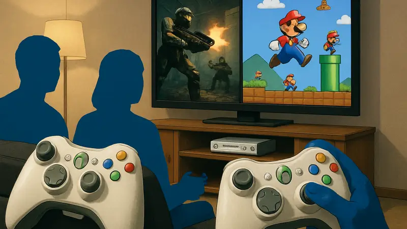 Геймпады Xbox 360 и игроки, наслаждающиеся диванным кооперативом в классических играх