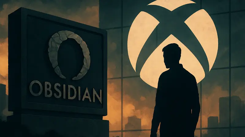 Логотип Obsidian Entertainment на фоне логотипа Microsoft Xbox, символизирующий потенциальное закрытие студии