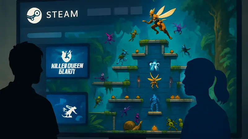 Скриншот из игры Killer Queen Black с персонажами и интерфейсом Steam