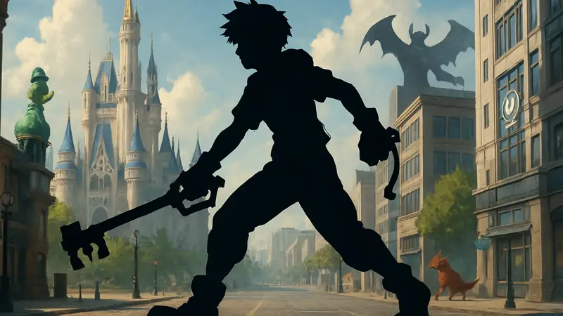 Повзрослевший Сора из Kingdom Hearts 4 в действии, на фоне элементов Disney и Final Fantasy