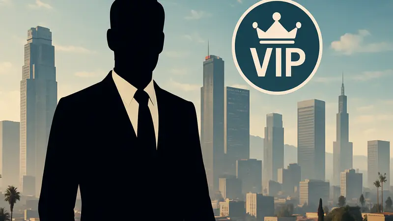 Игровой персонаж из GTA Online в деловом костюме, на фоне города, символ VIP.
