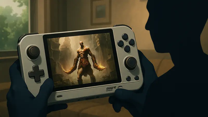 Портативная консоль Retroid Pocket Nova с запущенной игрой God of War II на экране.