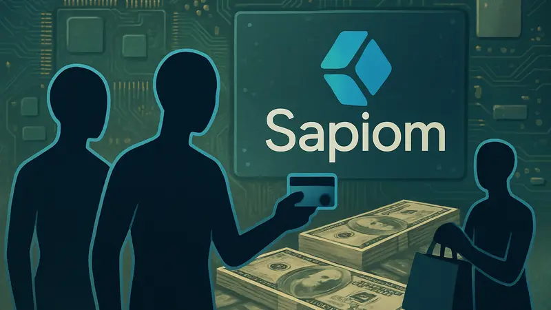 ИИ агенты совершают покупки: логотип Sapiom на фоне чипов и денег.