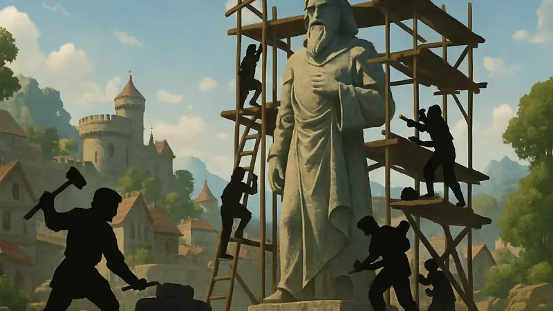 NPC строят статую в фэнтези-мире Crimson Desert, демонстрируя реалистичную игровую механику.