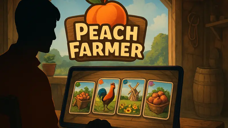 Логотип Peach Farmer и скриншот карточной игры, демонстрирующий новые карты 22-го сезона