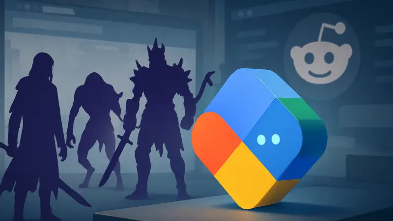 Стилизованное изображение Google AI, галлюцинирующего персонажей The Duskbloods на фоне Reddit. Нейросеть.