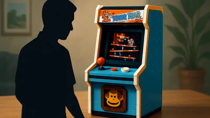Набор LEGO, изображающий аркадный автомат Donkey Kong в миниатюре.
