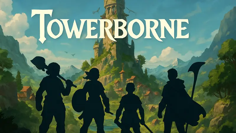 Логотип игры Towerborne на фоне обложки с игровыми персонажами.