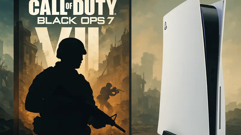 Обложка Call of Duty Black Ops 7 и консоль PS5.