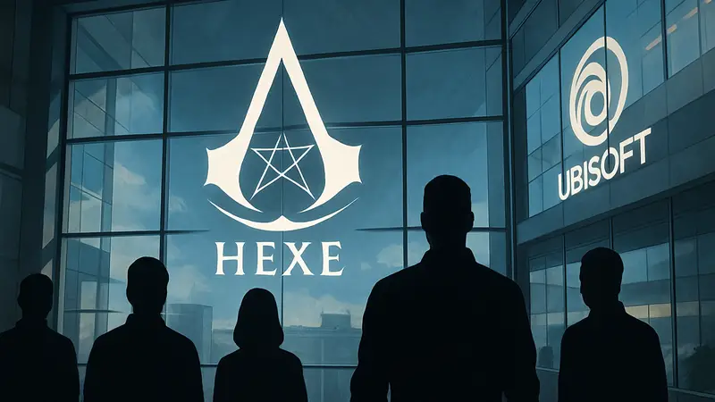 Логотип Assassin's Creed Hexe, силуэты разработчиков или штаб-квартира Ubisoft