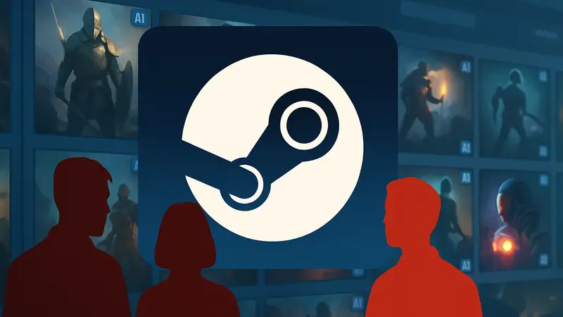 Логотип Steam на фоне интерфейса магазина с пометками об использовании ИИ в играх.
