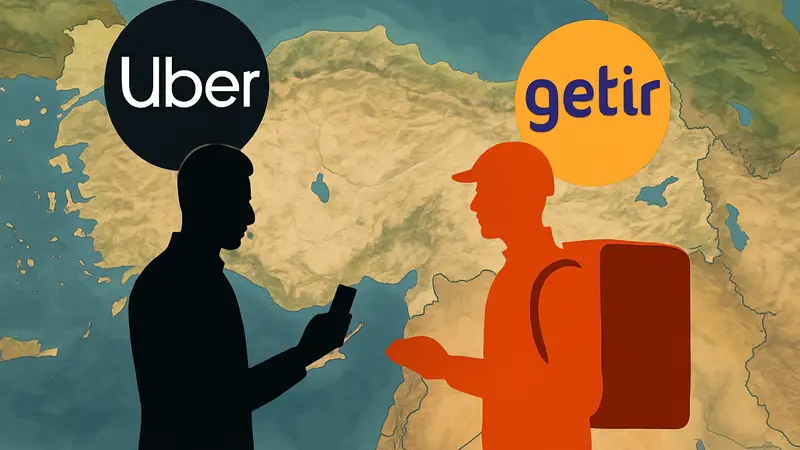 Логотипы Uber и Getir на фоне карты Турции