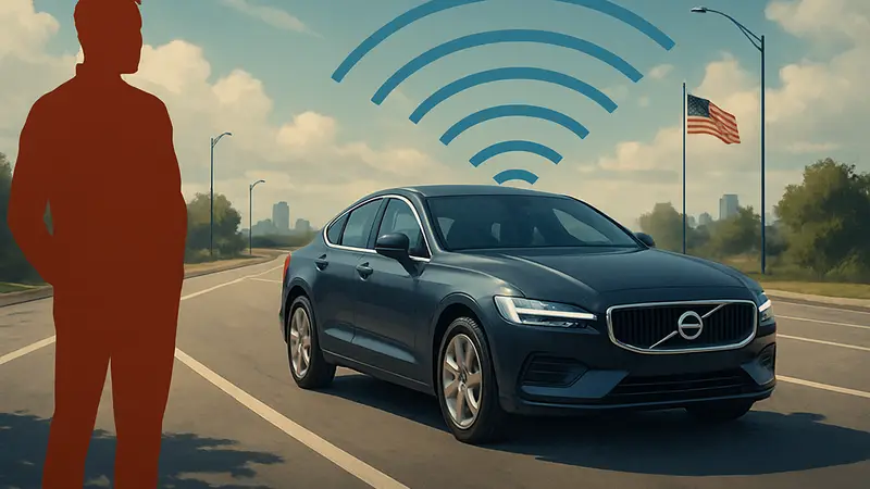 Подключённый автомобиль Volvo на дороге в США, демонстрирующий технологии.