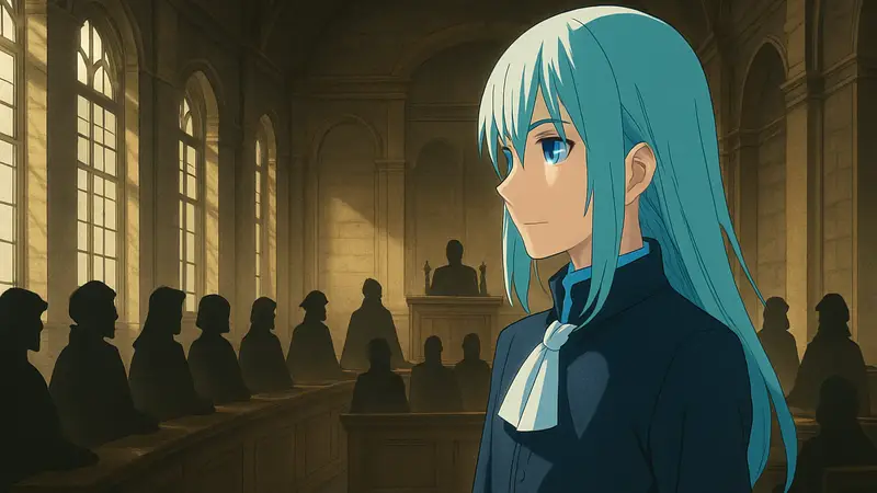 Римуру в дипломатическом обличье на фоне Совета Запада из аниме «О моём перерождении в слизь».