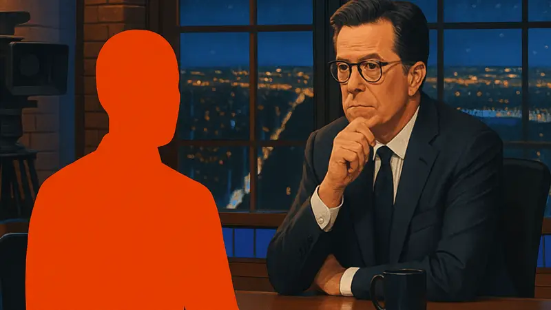 Стивен Кольбер в студии The Late Show, символизирующий отменённое интервью и проблему цензуры в новостях.