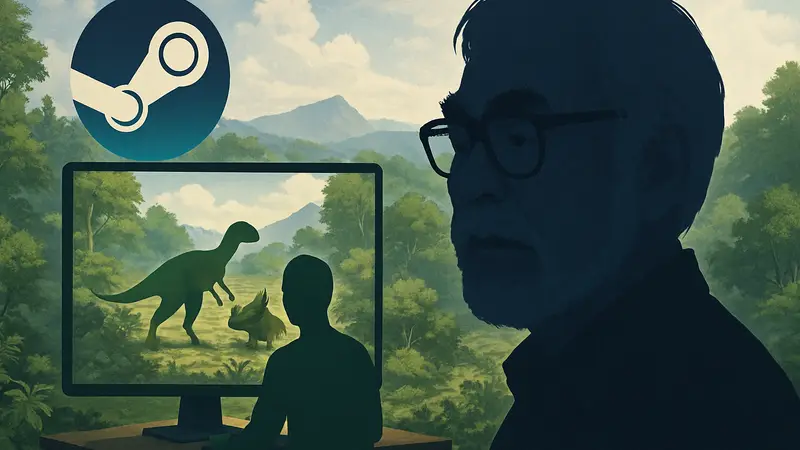 Эволюционный симулятор на Steam, с элементами ИИ и позитивными отзывами, на фоне силуэта Хаяо Миядзаки.