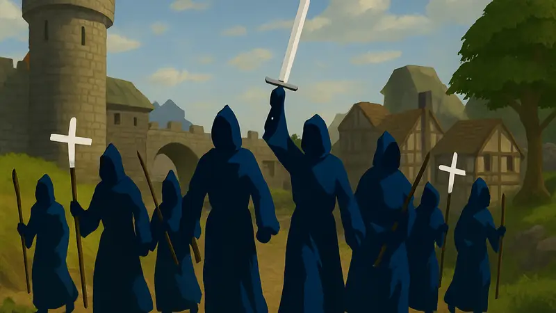 Скриншот из Old School RuneScape с группой игроков в мантиях, идущих в бой