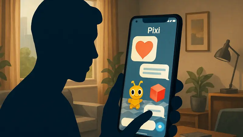 Человек использует смартфон с открытым приложением Pixi, показывающим интерактивные AR-объекты поверх текстовых сообщений.