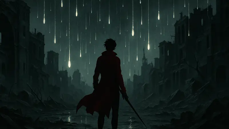 Мрачный арт из игры Rev. NOIR с падающими каплями света и силуэтом персонажа.