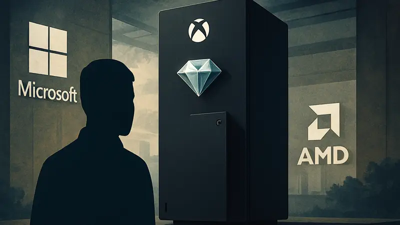 Концепт консоли Xbox Project Helix с логотипами Microsoft и AMD, демонстрирующий технологию FSR Diamond.