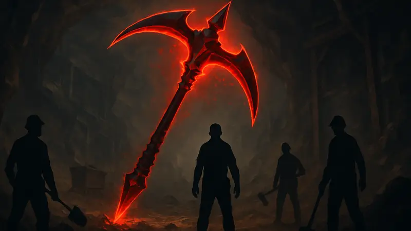 Демоническая кирка из игры The Forge, сверкающая красным светом, на фоне шахт