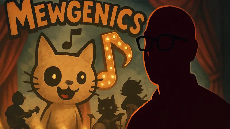 Эдмунд МакМиллен на фоне логотипа Mewgenics с элементами мюзикла и группы Ridiculon.