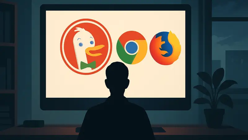 Логотип поисковой системы DuckDuckGo и иконки браузеров Chrome и Firefox на экране.
