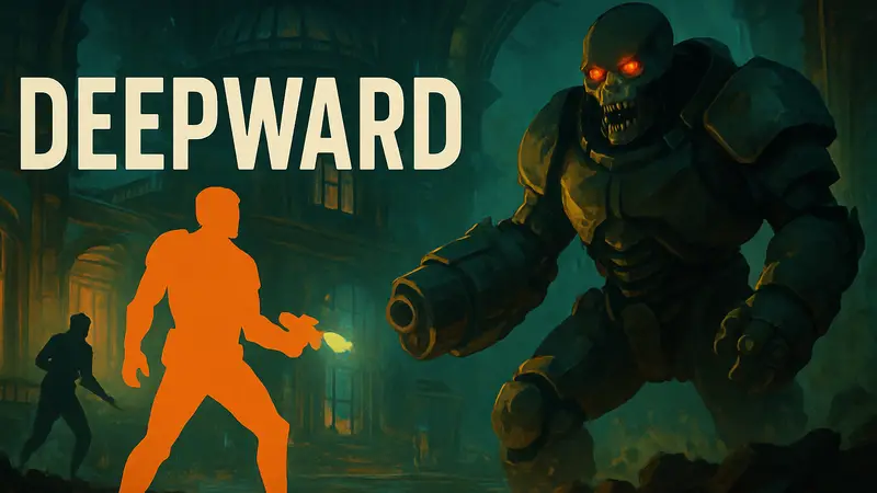 Обложка игры Deepward, сочетающая элементы Doom, BioShock и Overwatch.