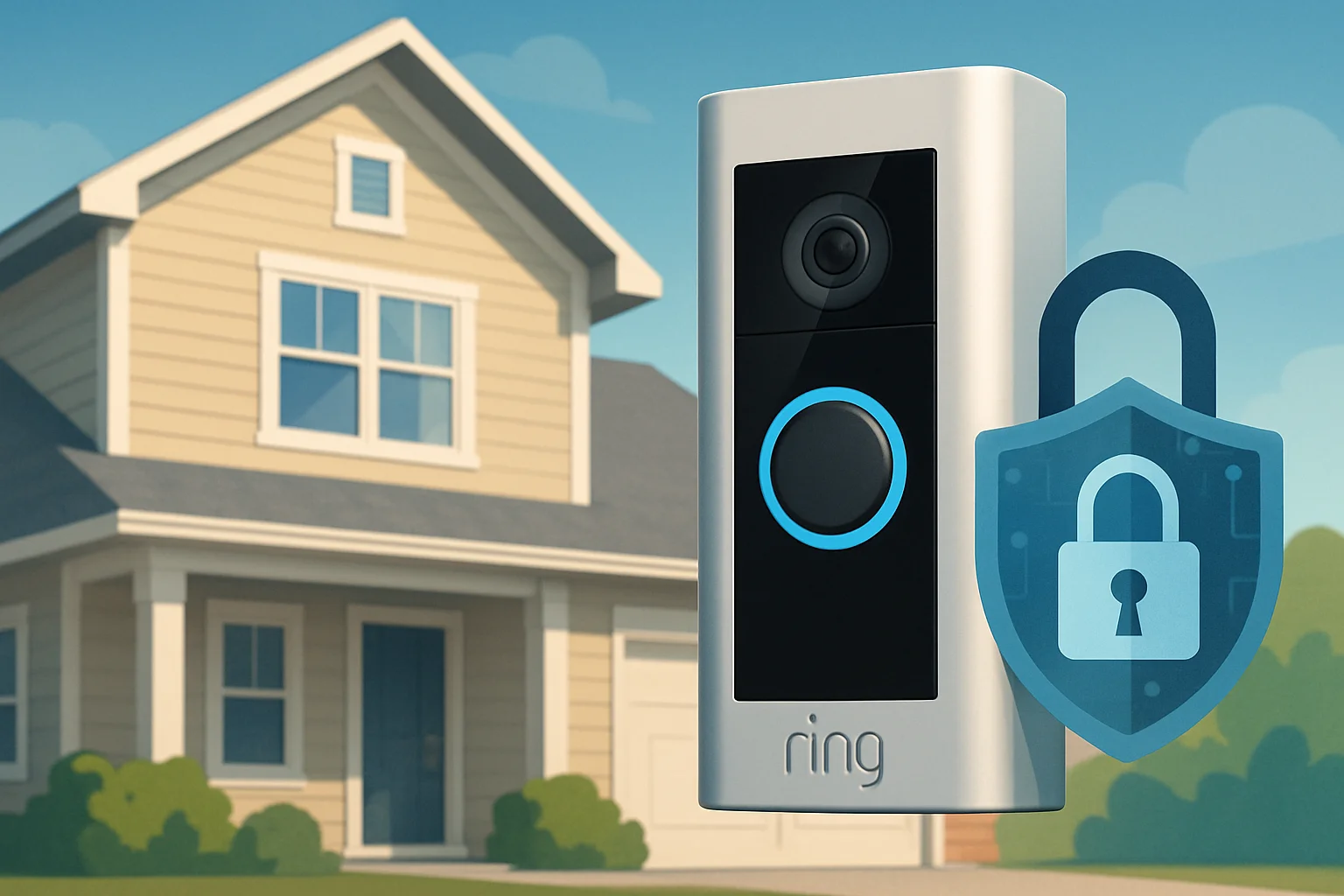 Камера Ring на фоне жилого дома, символ конфиденциальности данных и цифровых сервисов.