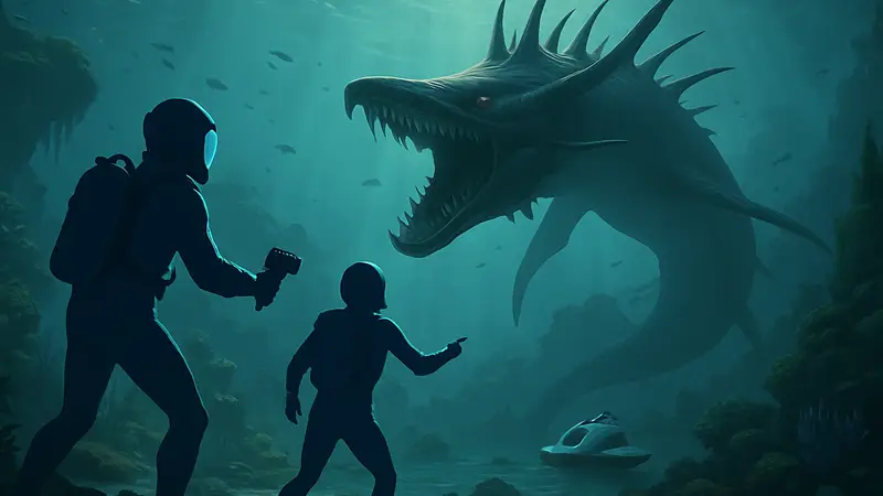 Скриншот из Subnautica 2 с кооперативным геймплеем и левиафаном на заднем плане.
