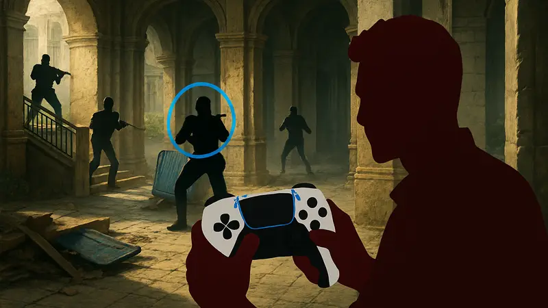 Игровой процесс Time Crisis на PS5 с использованием гиро-управления контроллером DualSense, показывающий прицеливание по врагам.