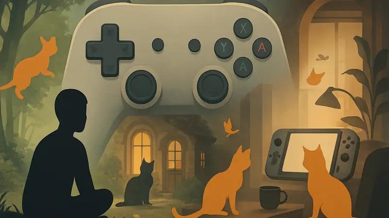 Иллюстрация нескольких уютных игр с котами на фоне игрового контроллера.