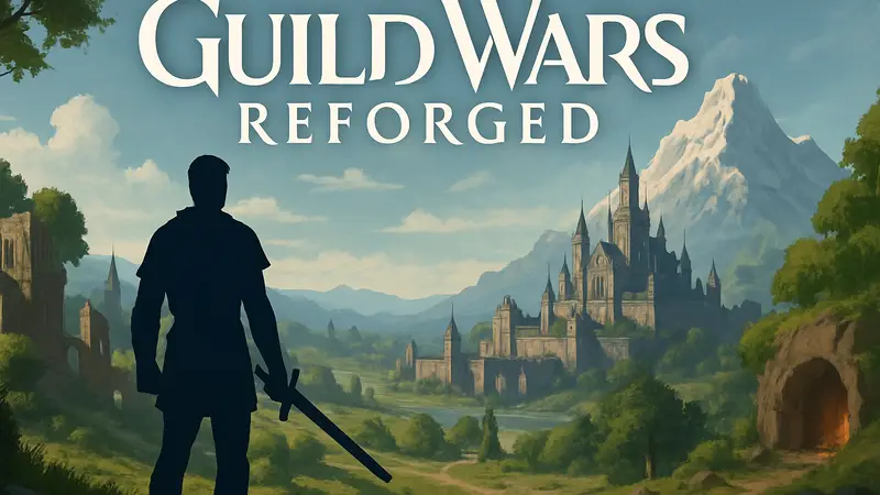 Логотип Guild Wars Reforged на фоне игрового мира, персонаж с одиночным именем