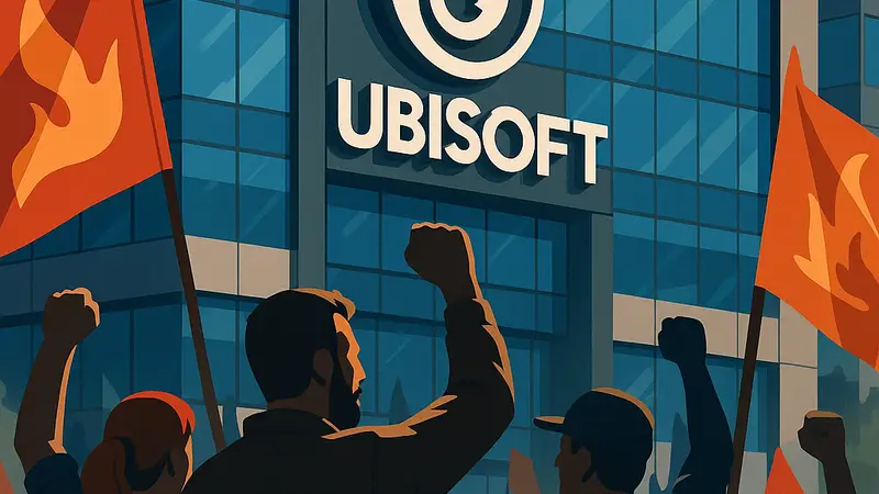 Протестующие сотрудники Ubisoft, флаги профсоюзов на фоне офиса компании.