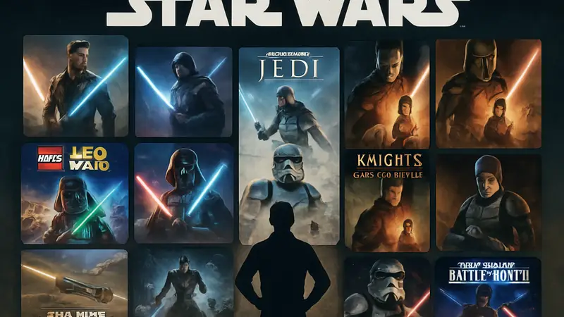 Логотип Star Wars и изображение обложек самых продаваемых игр франшизы