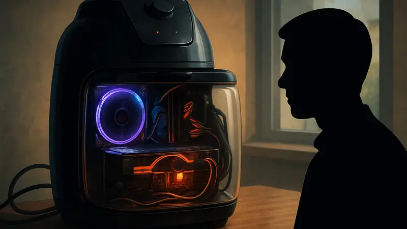 Игровой компьютер внутри аэрогриля, с проводами и светящимися компонентами