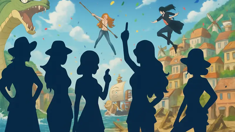Кадр из аниме One Piece Heroines, главные героини на фоне динамичной сцены, подчеркивающий стиль аниме.
