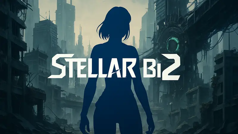 Логотип Stellar Blade 2 с персонажем Евой на фоне городских руин и киберпанк-элементов
