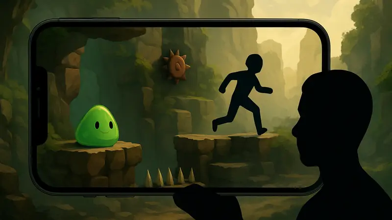 SlimeClimb: скриншот игрового процесса, персонаж-слайм, платформер на iOS и Android.