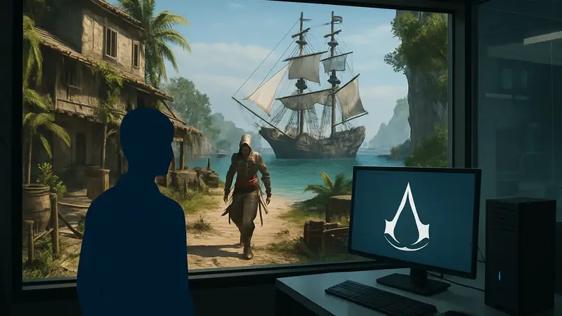 Скриншот Assassin's Creed Black Flag Resynced с элементами современного сюжета