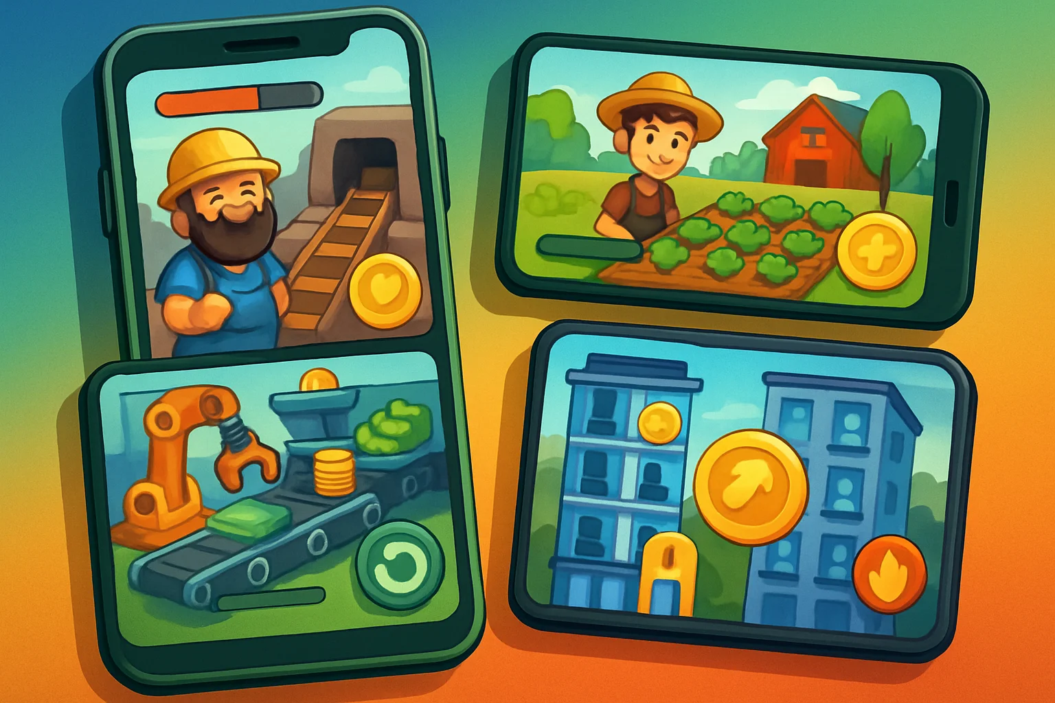 Коллаж из скриншотов популярных idle-игр для Android, демонстрирующий простой игровой процесс.