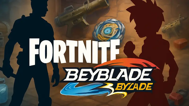Логотип Fortnite и Beyblade, сливающиеся в одном изображении, на фоне игровых предметов.